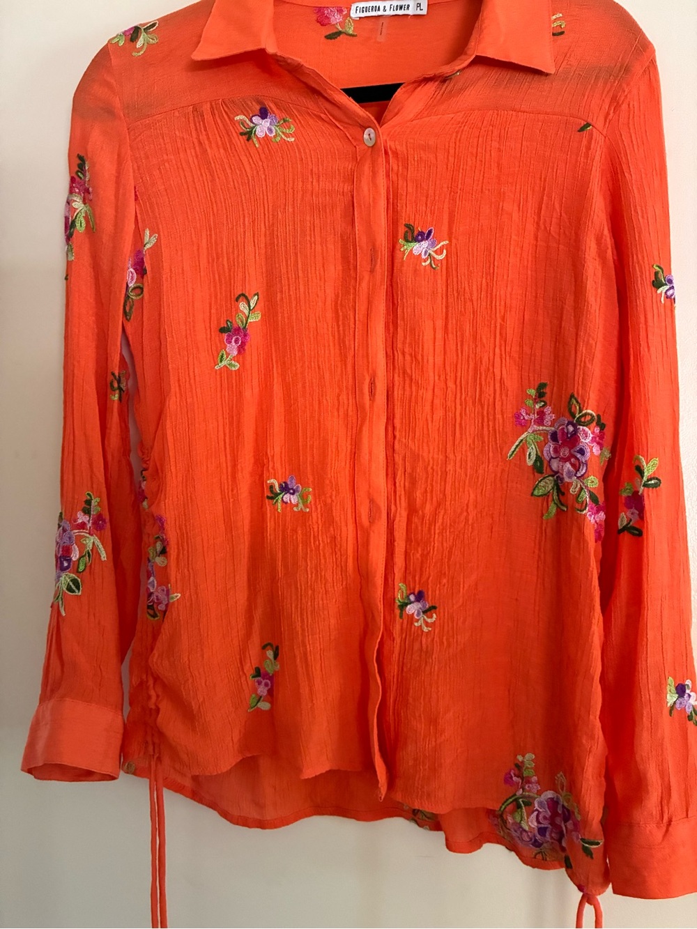 Figueroa Flower Top PL Orange Embroidered Collared Ruched Button Tunic Boho Chic